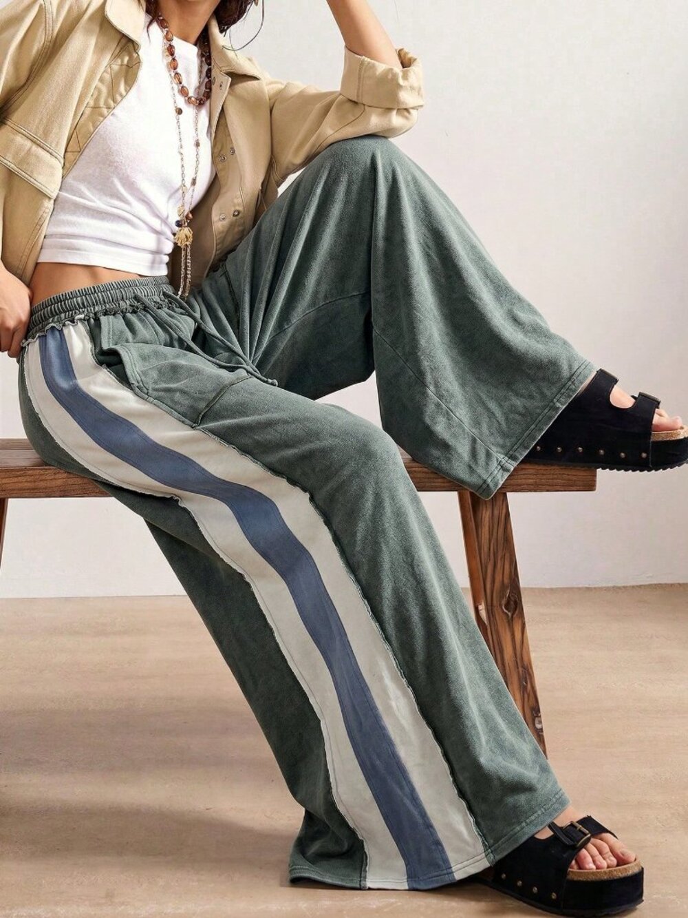 Army Green Casual Women's Knit Colorblock Loose Fit Long Pants
